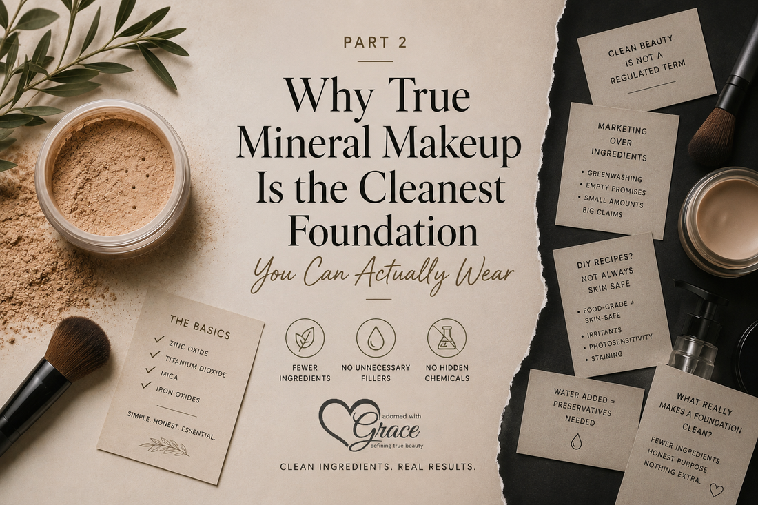 Flat lay graphic for a clean mineral makeup article featuring loose mineral foundation, makeup brushes, ingredient notes, and educational callouts explaining fewer ingredients, simple formulas, and what makes a foundation truly clean.