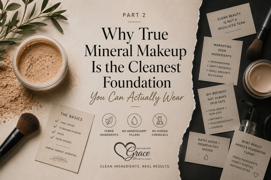 Flat lay graphic for a clean mineral makeup article featuring loose mineral foundation, makeup brushes, ingredient notes, and educational callouts explaining fewer ingredients, simple formulas, and what makes a foundation truly clean.