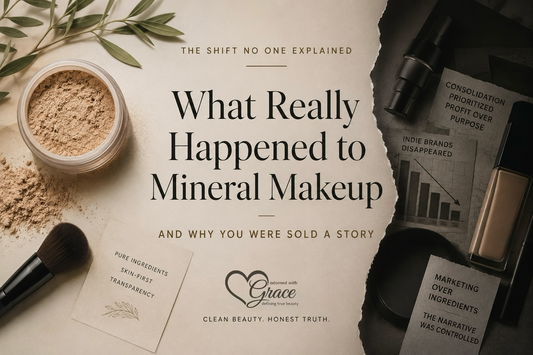 editorial image showing loose mineral makeup contrasted with commercial cosmetics representing the shift in the beauty industry and marketing practices that changed mineral makeup