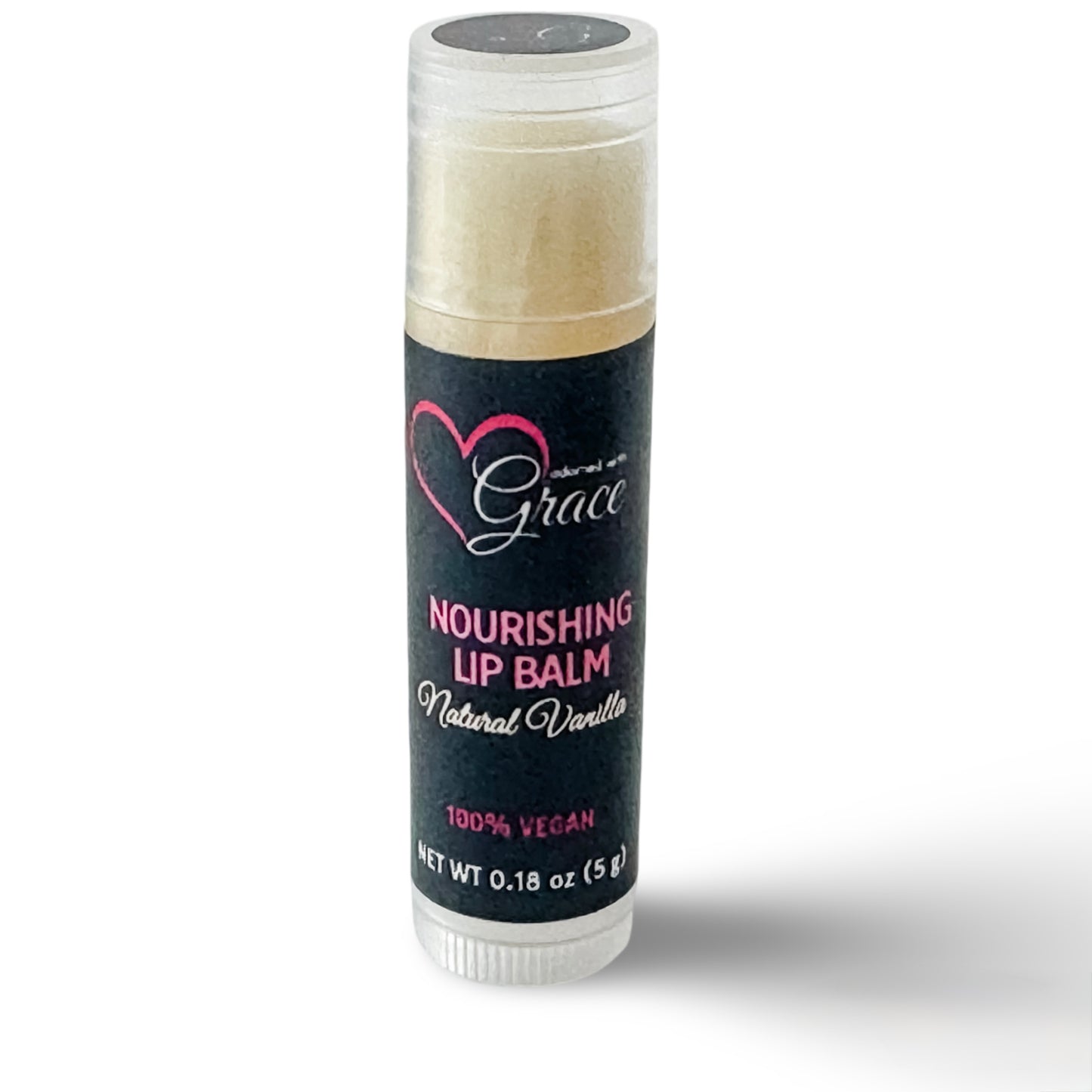 Full size nourishing vegan lip balm with hydrating plant oils and vanilla by adorned with Grace